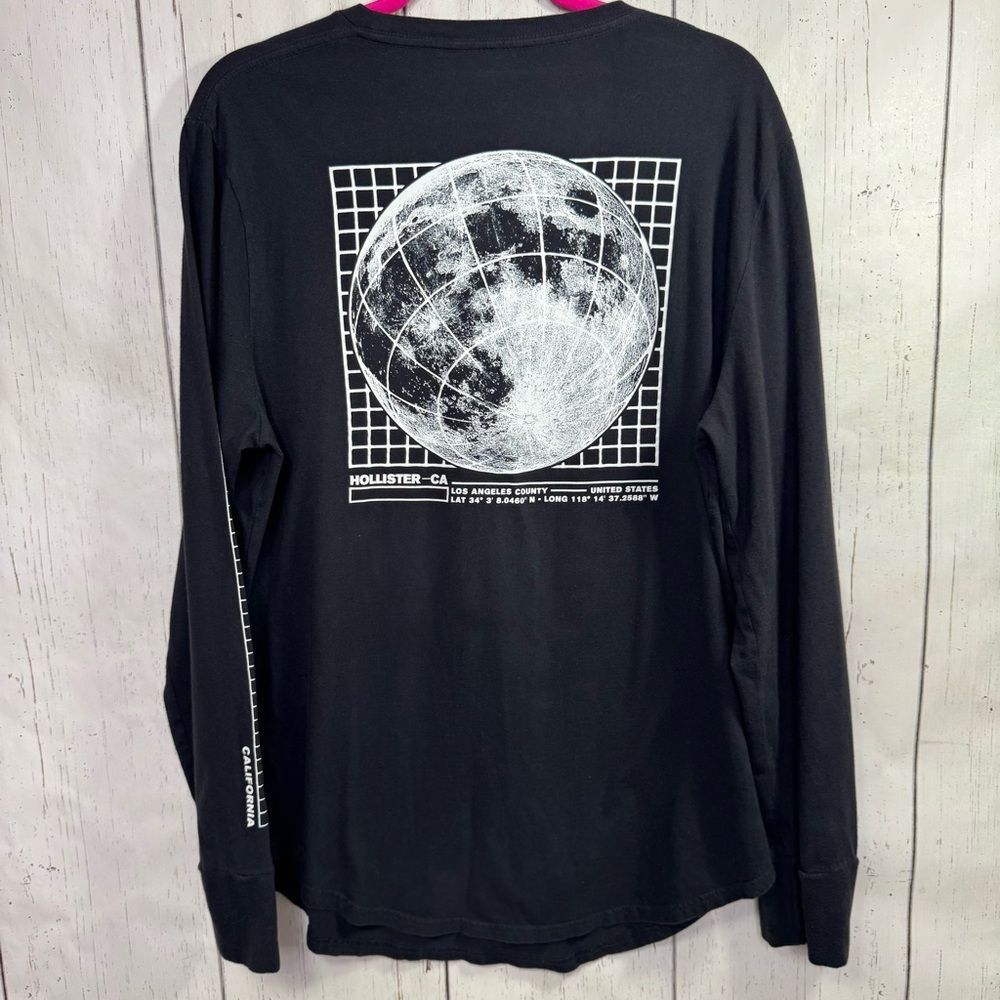 Hollister Mens Black Graphic Long Sleeve Tee XL Globe Back Print California